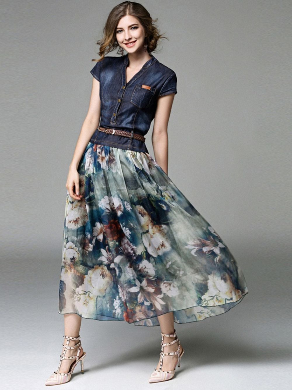 Chiffon V-Hals Travel Look Maxi-Jurk Dames