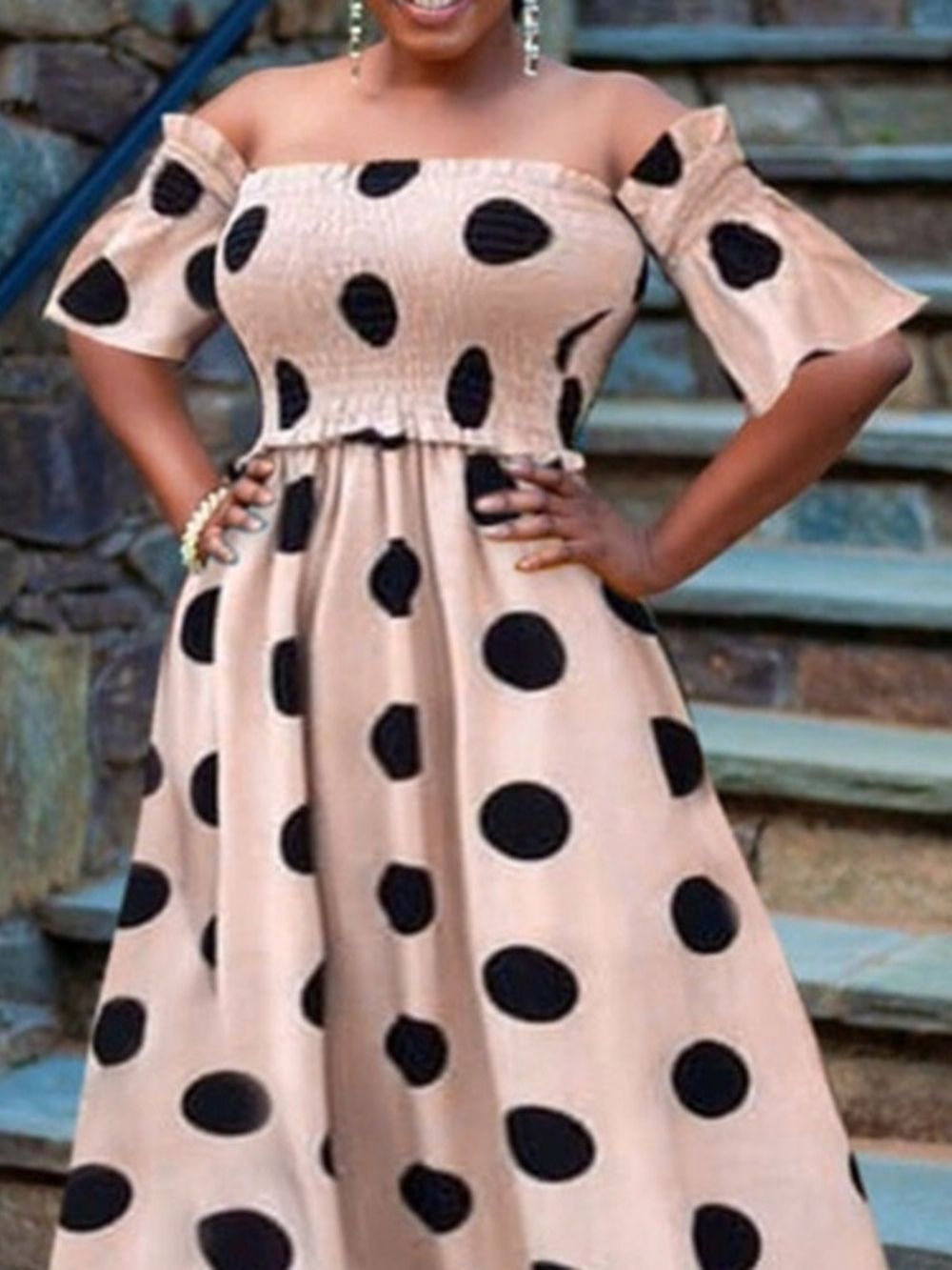 Halve Mouw Off-Shoulder Vloer Lengte Polka Dots Zomerjurk