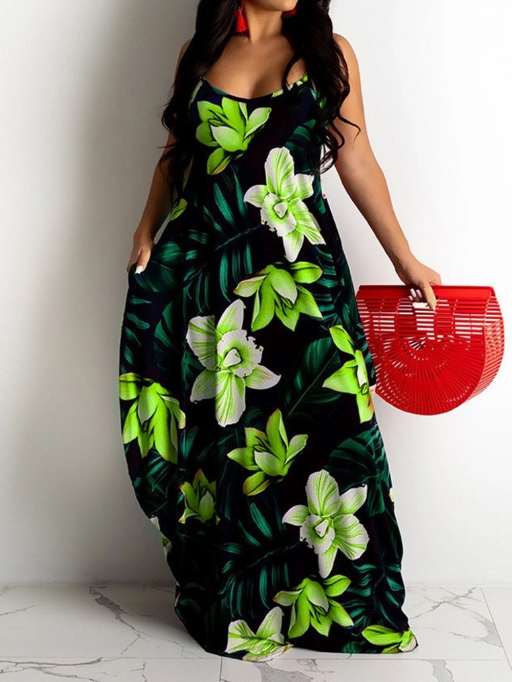 Lange Mouwloze Maxi-Jurk Met Bloemenprint Tot Op De Grond
