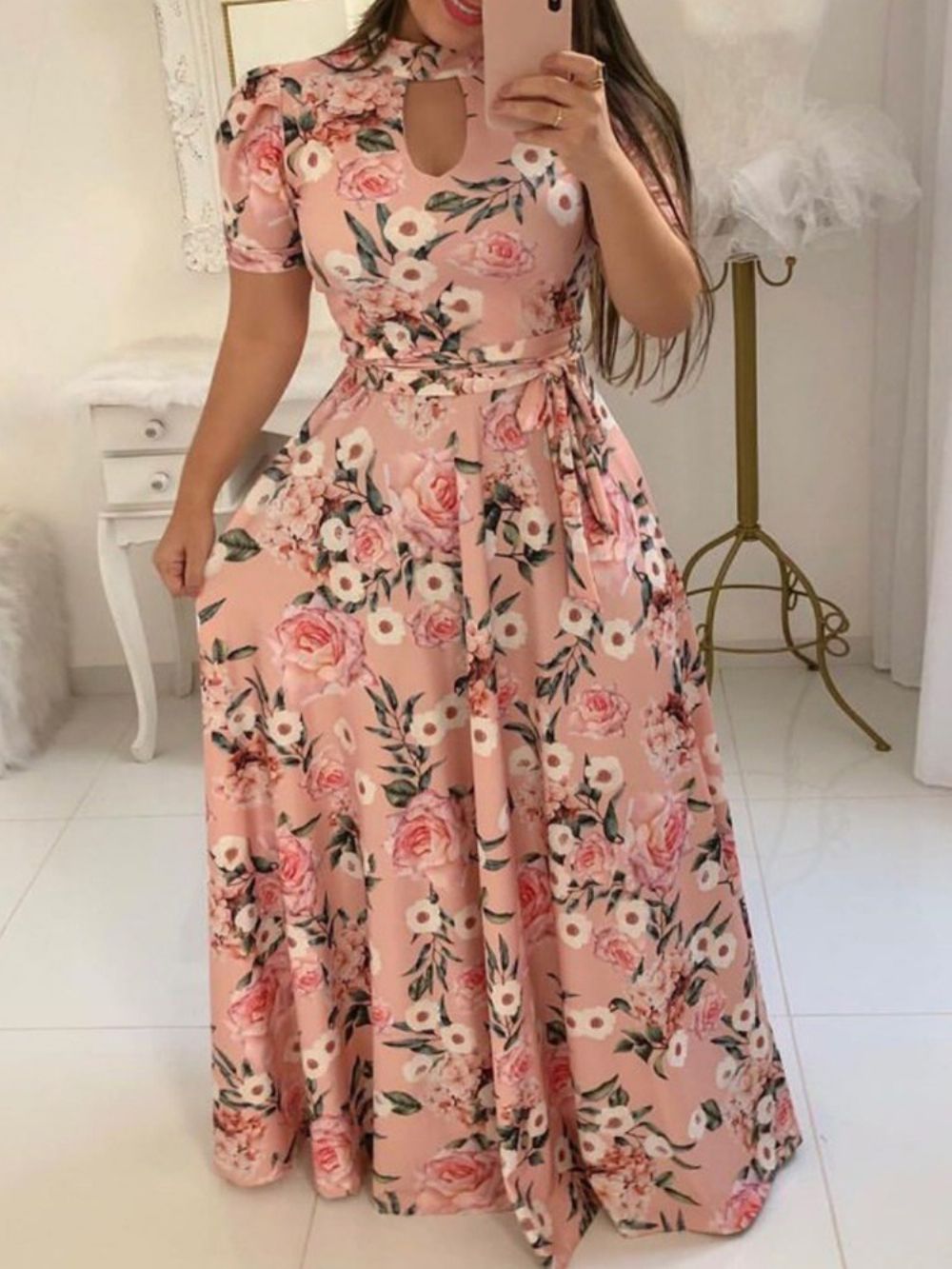 Maxi-Jurk Met Col En Print Met Korte Mouwen En Bloemenprint