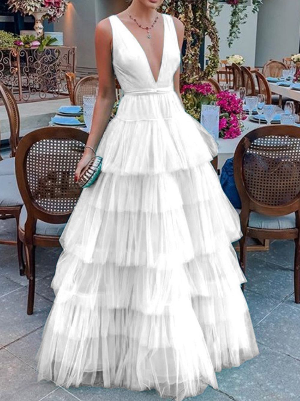 Mouwloze Falbala Vloer Lengte Hoge Taille Mode Maxi Jurk