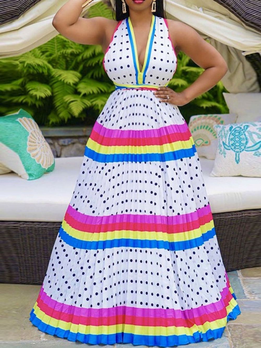Mouwloze Maxi-Jurk Tot De Grond Met Patchwork Geplooid Mode