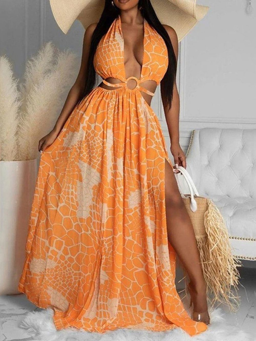 Mouwloze V-Hals Hollow Expansion Maxi-Jurk Strandjurken Dames