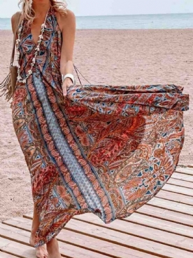 Mouwloze Vloerlengte V-Hals Pullover Bloemen Maxi Jurk Strandjurken Dames