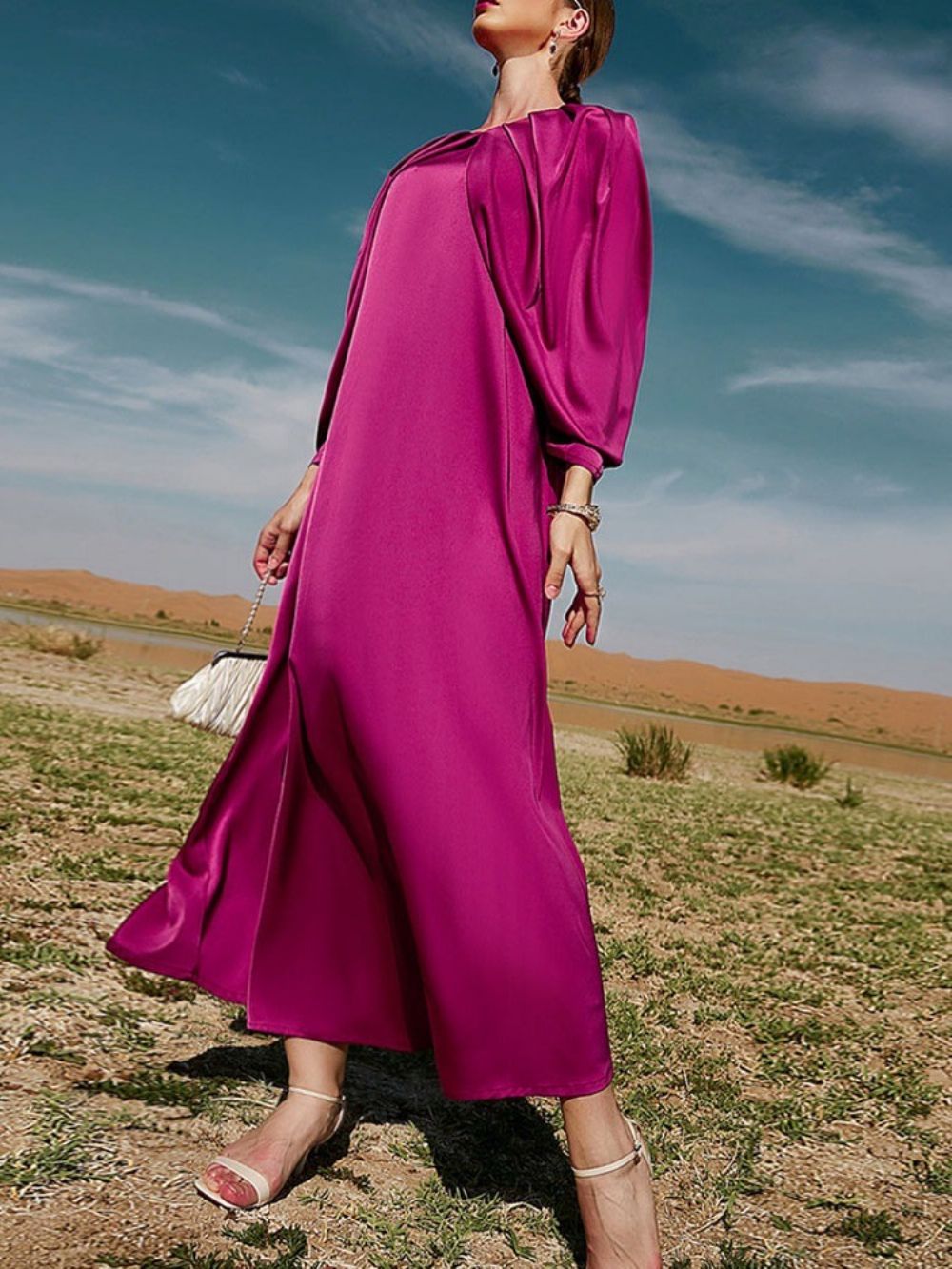 Negen Punten Mouw Ronde Hals Enkellange Zomer Pullover Maxi Jurk
