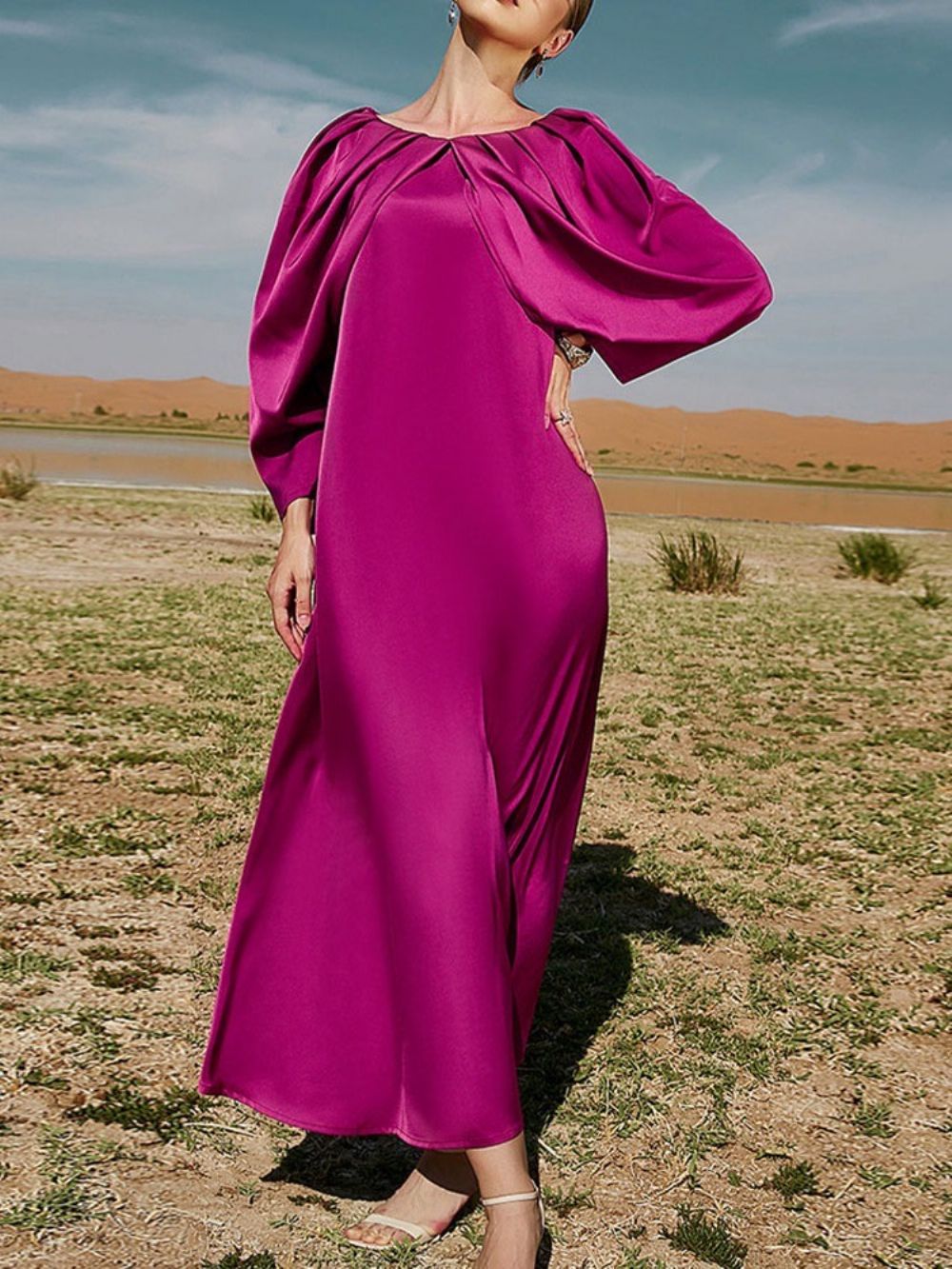 Negen Punten Mouw Ronde Hals Enkellange Zomer Pullover Maxi Jurk