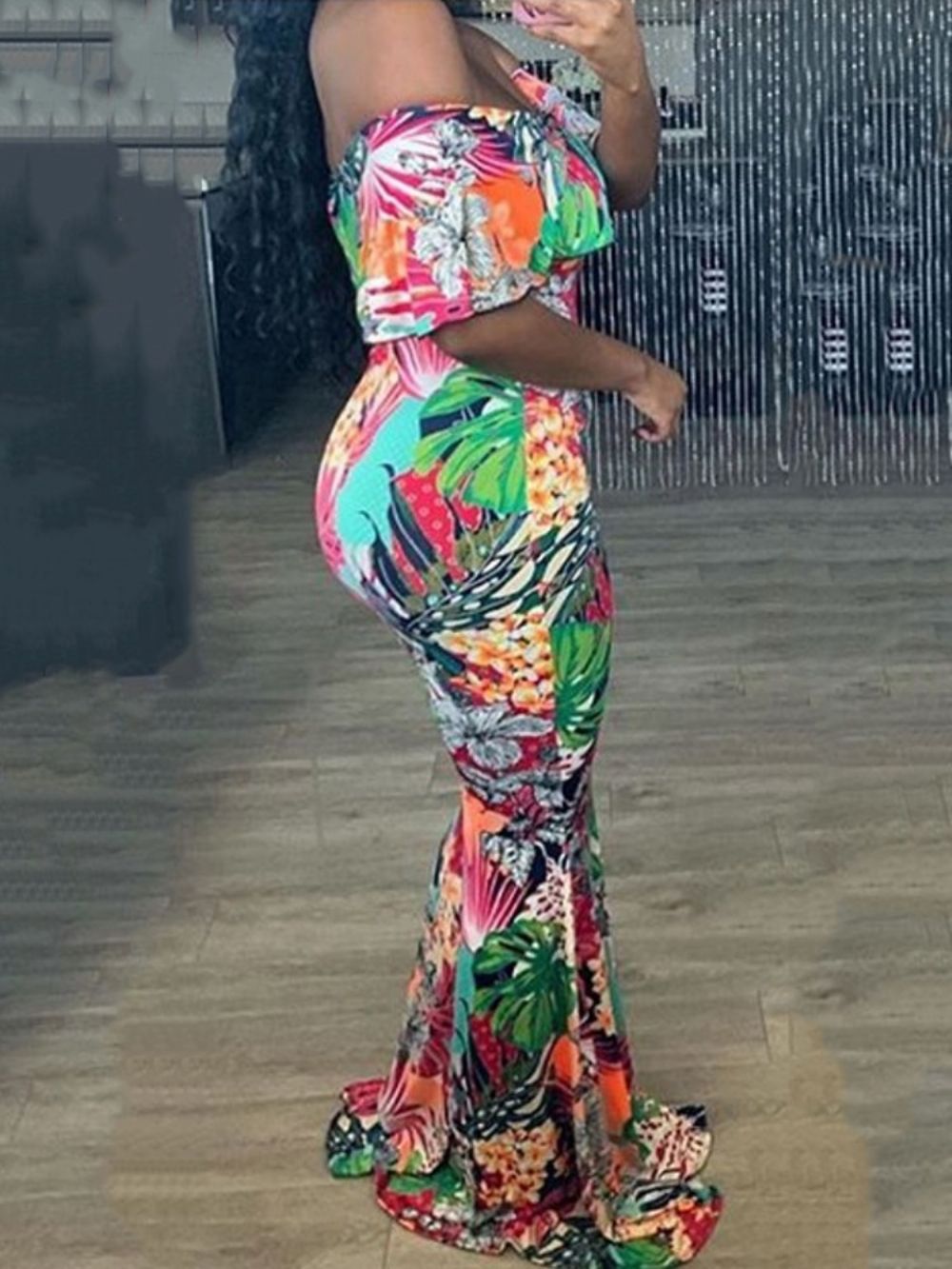 Off-Shoulder Print Vloer Lengte Hoge Taille Zeemeermin Jurk