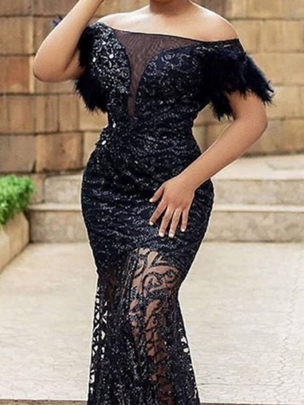 Off-Shoulder Vloer Lengte Korte Mouw Western Effen Jurk