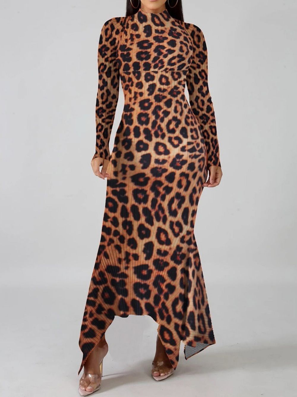 Opstaande Kraag Vloer Lengte Lange Mouw Pullover Asymmetrische Jurk