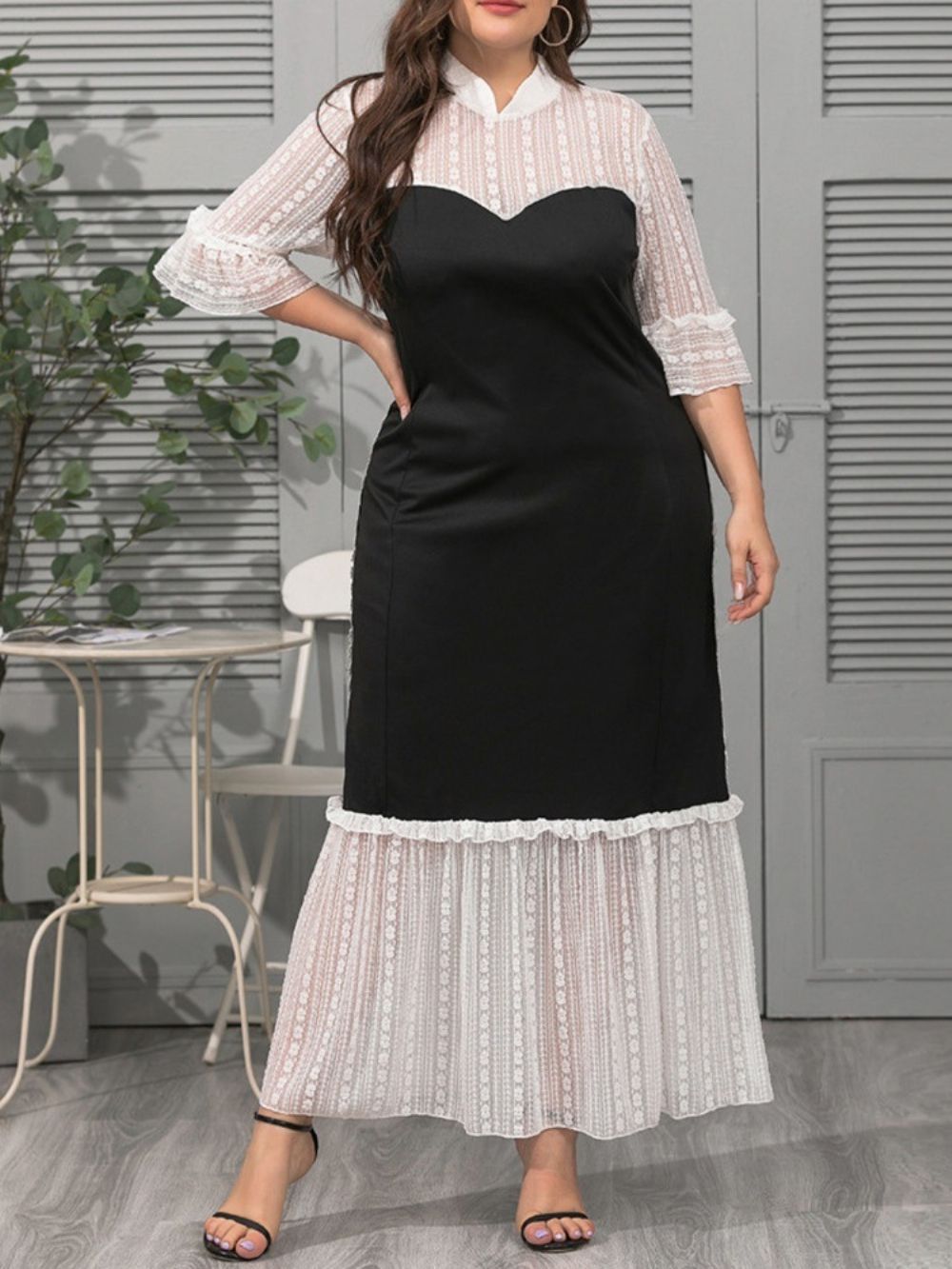 Patchwork Driekwart Mouw Opstaande Kraag Hoge Taille Lente Jurk
