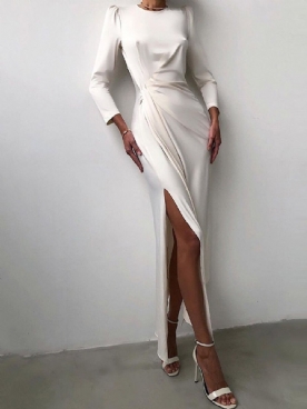 Ronde Hals Tot De Grond Gesplitste Bodycon-Jurk Met Veer