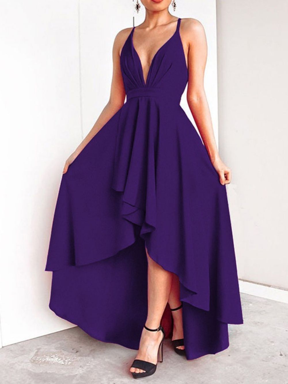 Swallowtail Mouwloze Asymmetrische Vloer-Lengte Elegante Spaghetti Band Jurk