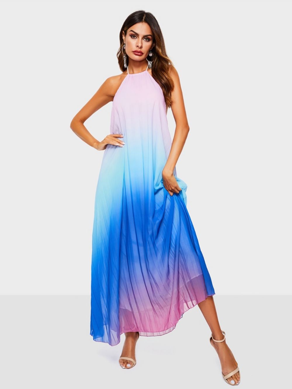 Tot De Grond Behorende Mouwloze Maxi-Jurk Met Geplooid Verloop En Pullover