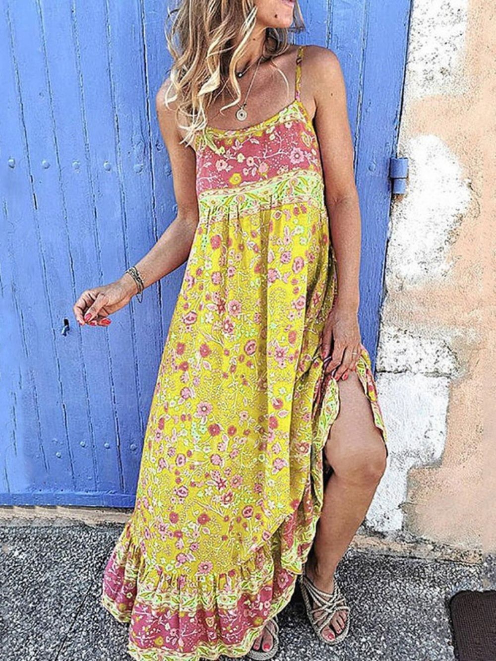 Vierkante Hals Mouwloze Vloer-Lengte Bloemen Maxi Jurk Strandjurken Dames
