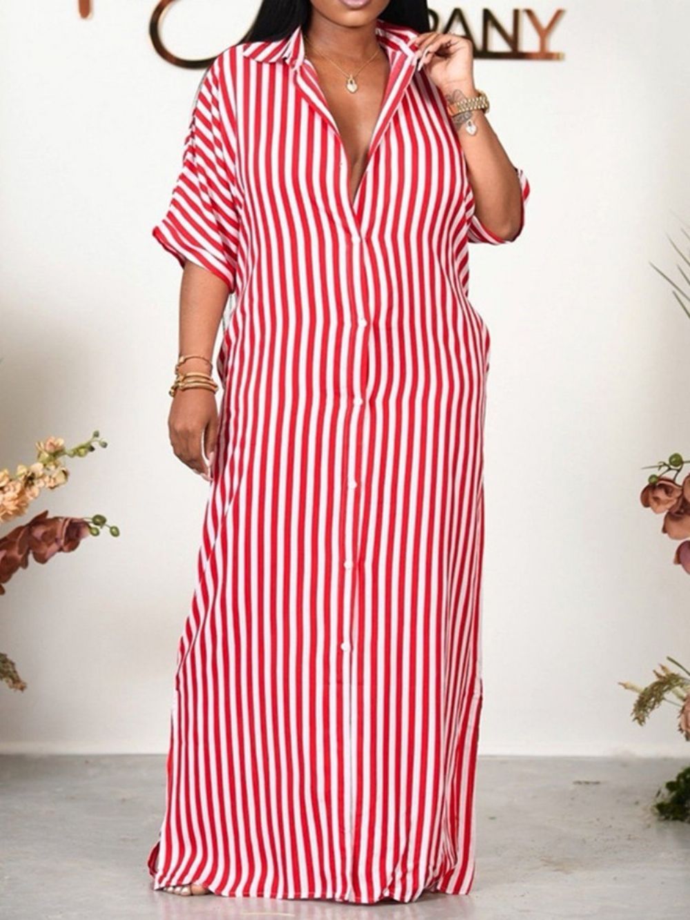 Vloer Lengte Revers Driekwart Mouw Gestreepte Kantoor Dame Maxi Jurk