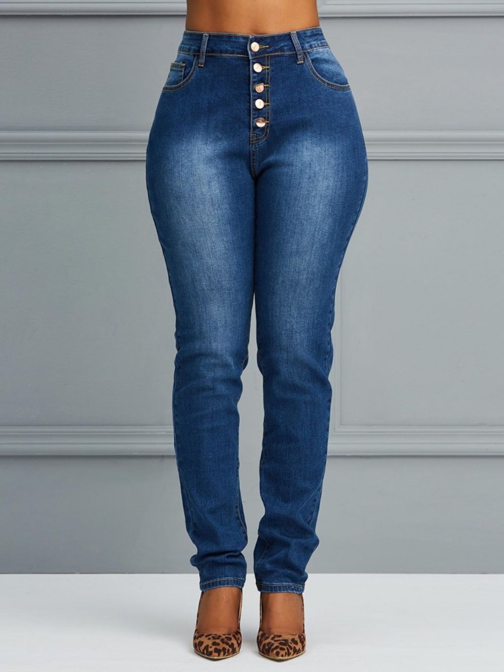 Skinny Effen Damesjeans Met Knopen
