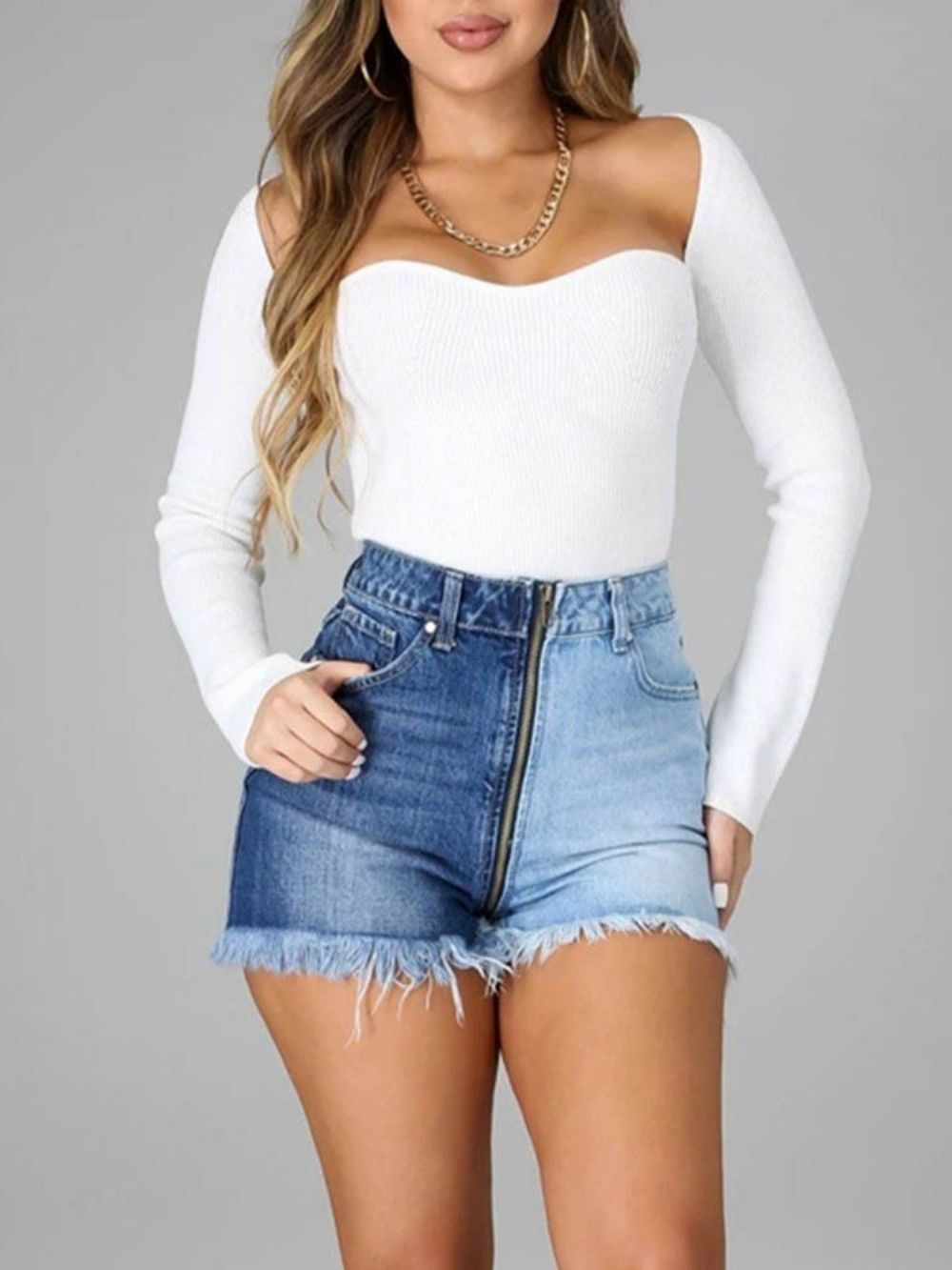 Damesshort Met Patchwork Kleurblok En Hoge Taille Met Rits