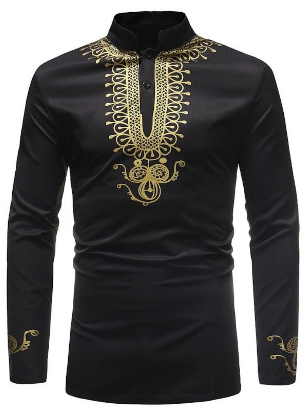 Afrikaanse Mode Gouden Zwarte Dashiki Print Opstaande Kraag Herenoverhemden