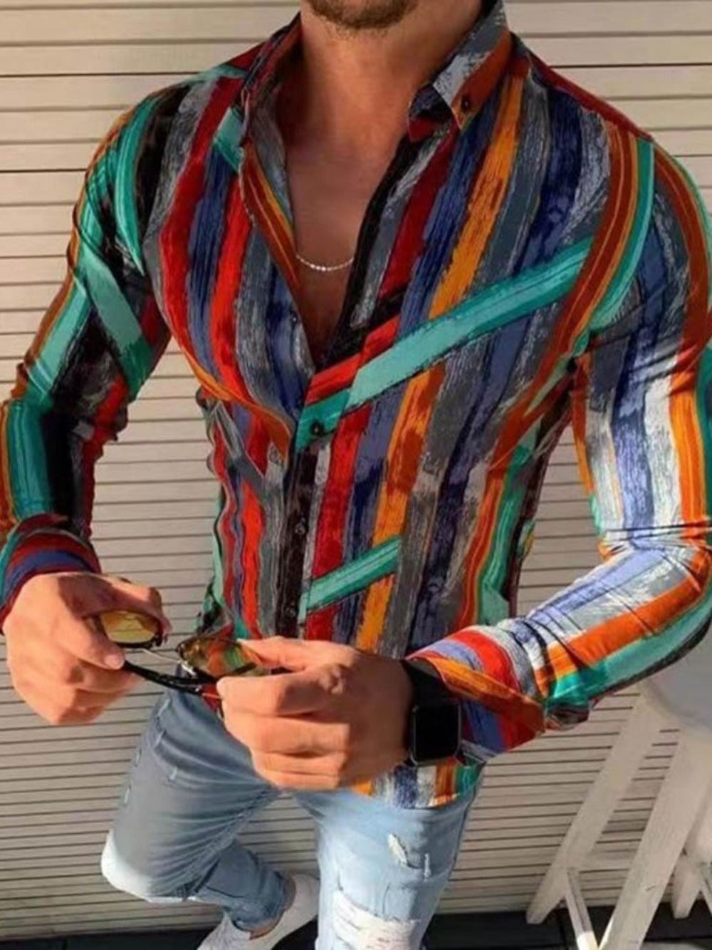 Casual Herenoverhemd Met Revers En Enkele Rij Knopen Print