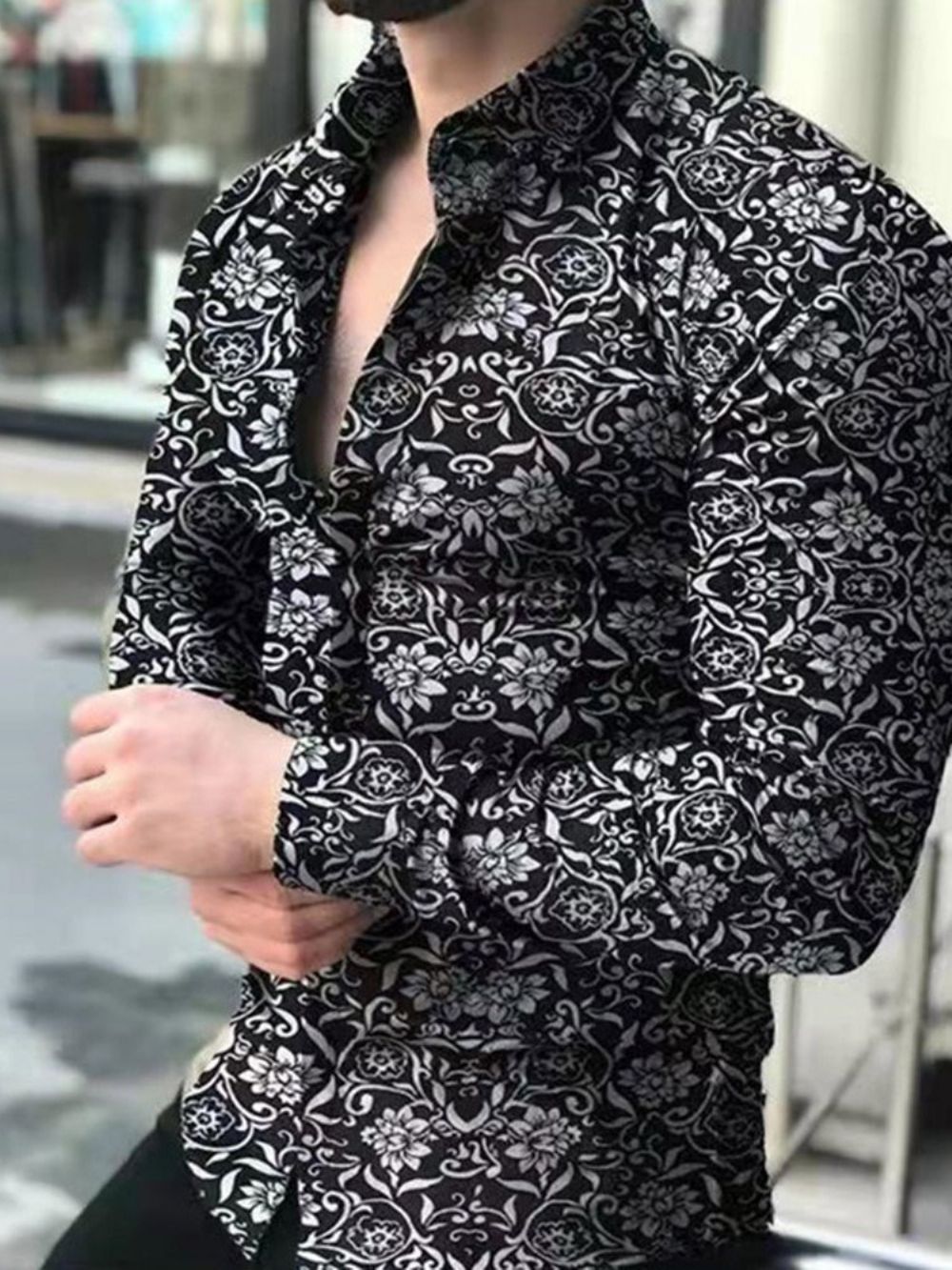 Casual Slim-Fit Herenoverhemd Met Enkele Rij Knopen En Bloemen