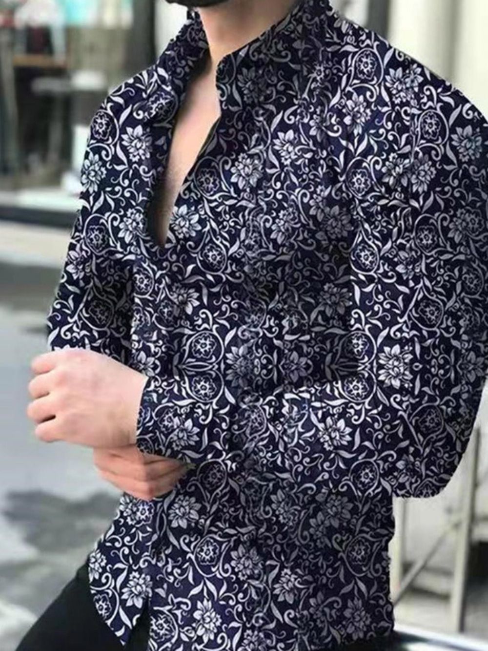 Casual Slim-Fit Herenoverhemd Met Enkele Rij Knopen En Bloemen