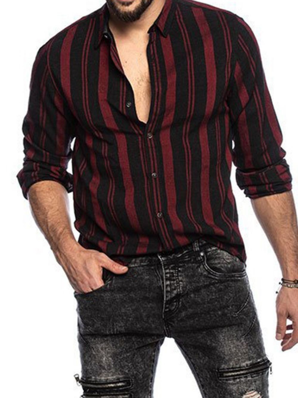 Casual Slim Overhemd Met Reversstreepprint En Single-Breasted