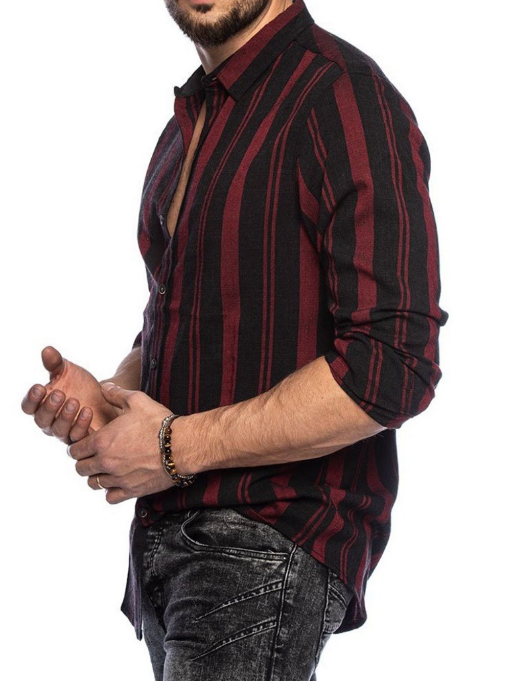 Casual Slim Overhemd Met Reversstreepprint En Single-Breasted