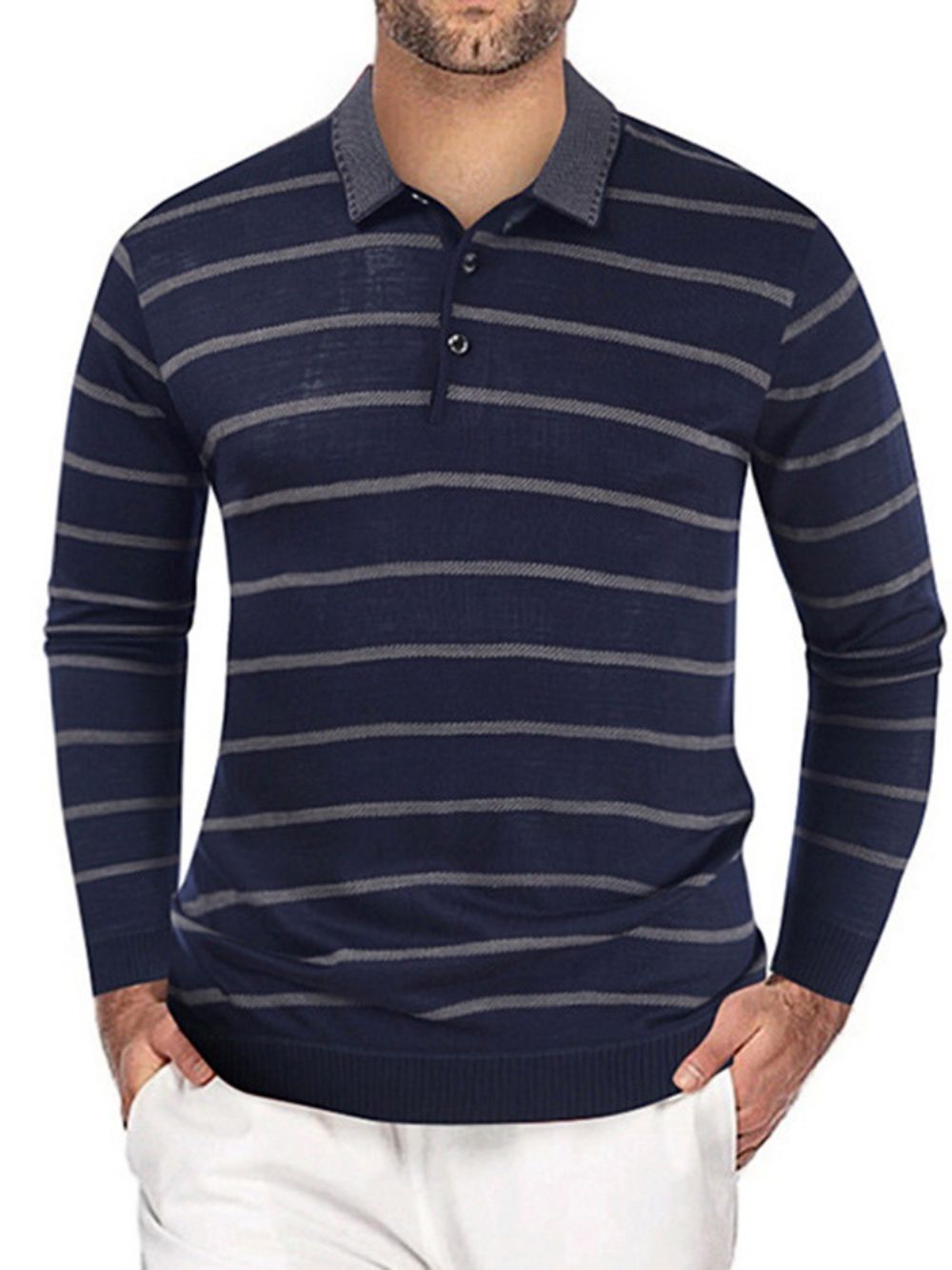 Casual T-Shirt Met Gestreepte Polohals En Lange Mouwen