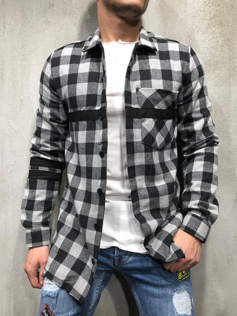 Geruite Revers Patchwork Single-Breasted Herfstoverhemd