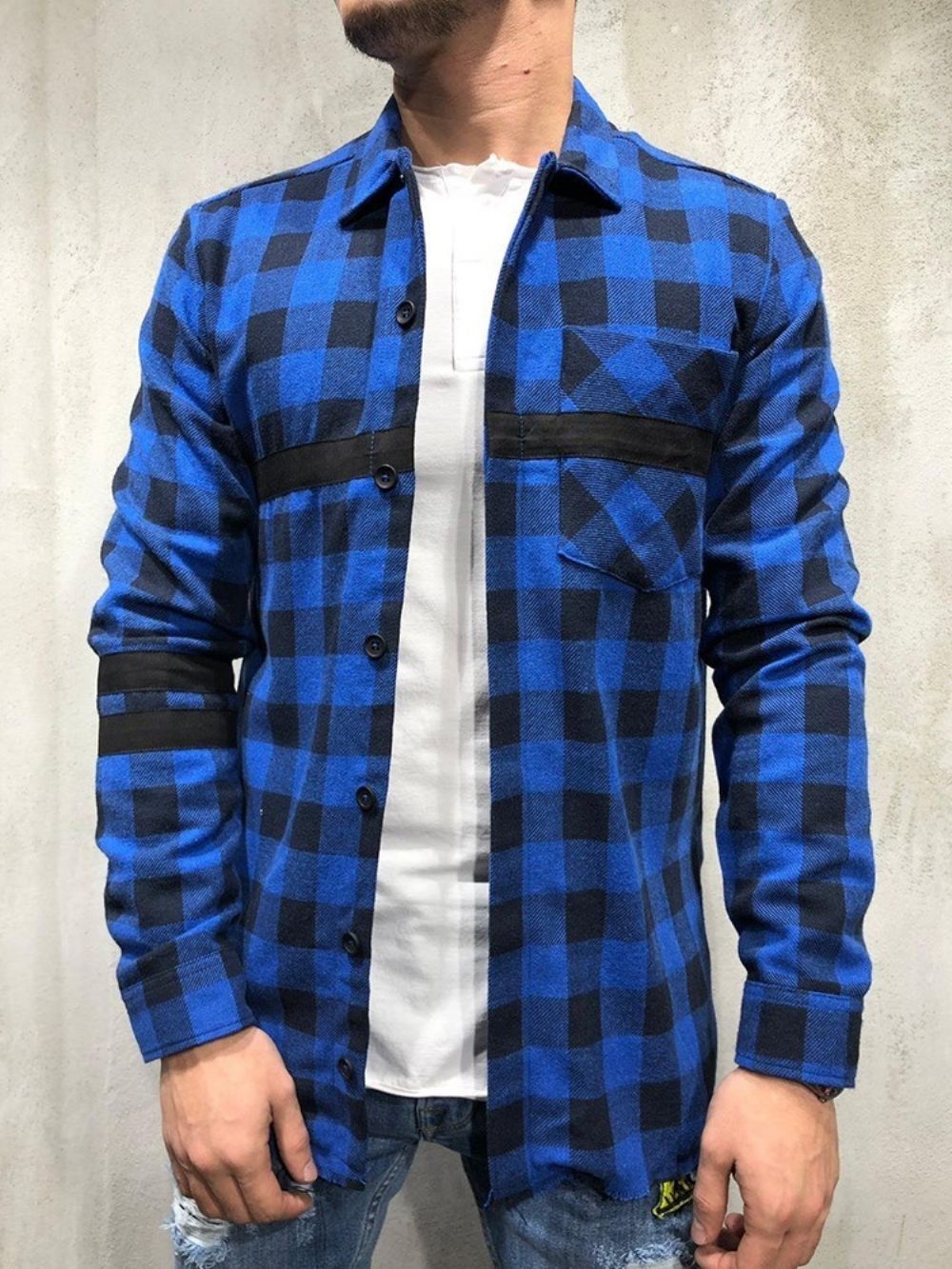 Geruite Revers Patchwork Single-Breasted Herfstoverhemd