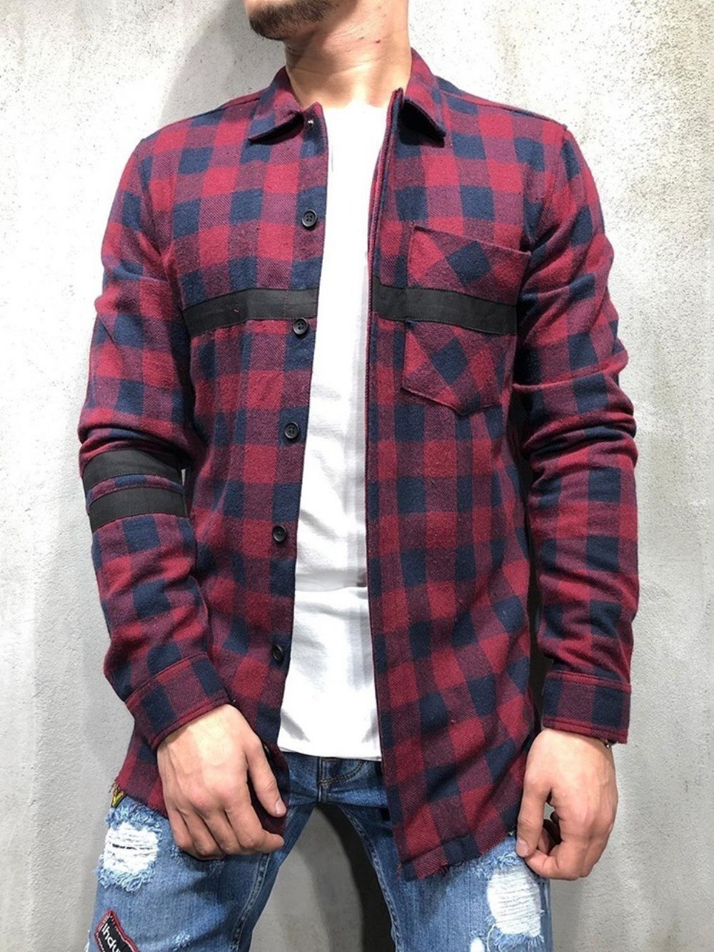 Geruite Revers Patchwork Single-Breasted Herfstoverhemd