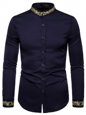 Opstaande Kraag Casual Geborduurd Lente Shirt Met Enkele Rij Knopen