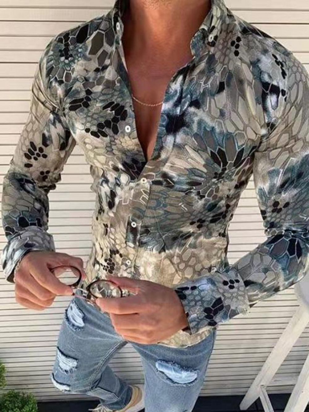 Slim Herenoverhemd Met Europese Kleurblokken Print