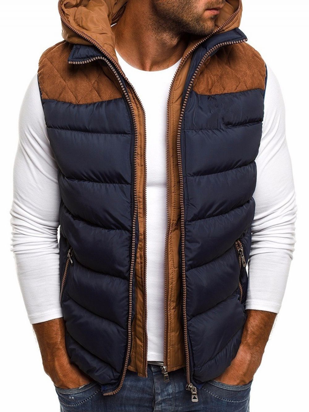 Patchwork Kleurblok Dubbellaags Casual Gilet Met Rits