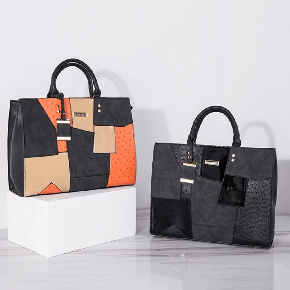 Mode Patchwork Kleurblok Handtas Met Rits