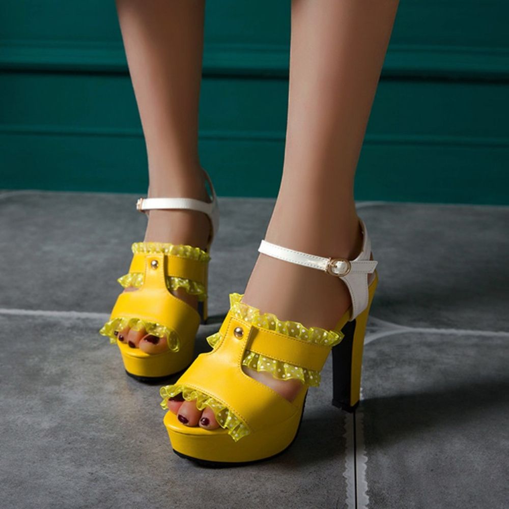 Gesp Peep Toe Chunky Heel Hollow Sandalen